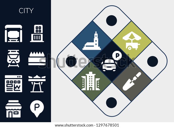  city\
icon set. 13 filled city icons. Simple modern icons about  -\
Parking, Shop, Traffic, Giant swing, Subway, Store, Bus stop,\
Shopping center, Food cart, Hassan mosque,\
Building