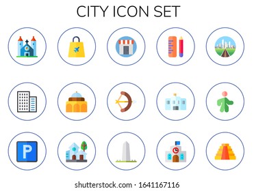 city icon set. 15 flat city icons. Included cathedral, office block, shop, palace, store, arch, school, cityscape, walk, parking, village, washington, mayan pyramid icons