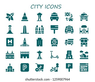  city icon set. 30 filled city icons. Simple modern icons about  - Thai kite, Temple, Space needle, Taxi, Mortgage, Building, Washington, Democracy monument, Scraper, Terrace