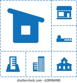 City icon. set of 6 city filled icons such as store, building, house building