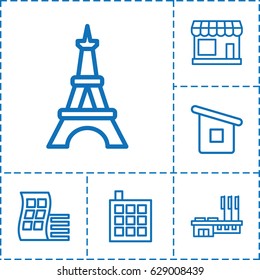 City icon. set of 6 city outline icons such as store, modern curved building, building, Eiffel Tower