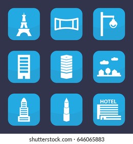 City icon. set of 9 filled city icons such as business centre, business center, building, eiffel tower, panorama mode, city landscape, street lamp