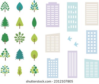 City Icon Set with Buildings and Trees