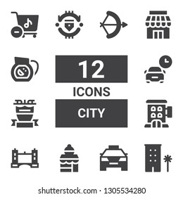 city icon set. Collection of 12 filled city icons included Hotel, Taxi, Bakery shop, Tower bridge, Liverpool, Parking, Manchester united, Store, Sangria, Arch