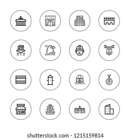 City icon set. collection of 16 outline city icons with architect, brandenburg gate, building, bridge, gateway arch, mall, hydrant, royal palace, shop, scooter, store icons.