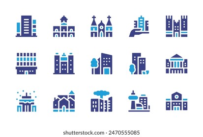 Conjunto de iconos de ciudad. Color duotono. Ilustración vectorial. Conteniendo ciudad, edificios, horizonte, edificio, castillo, destrucción, ayuntamiento, edificio de oficinas, pueblo, cabildo, notredame.