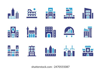 Conjunto de iconos de ciudad. Color duotono. Ilustración vectorial. Conteniendo ciudad, castillo, arquitectura y ciudad, coliseo, horizonte, torre de Londres, edificio de oficinas, oficina, banco, apartamento, notredame.