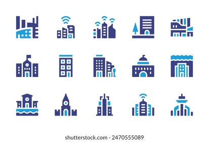 City icon set. Duotone color. Vector illustration. Containing smartcity, townhall, building, mall, city, underseacity, architectureandcity, network, spasskayatower.