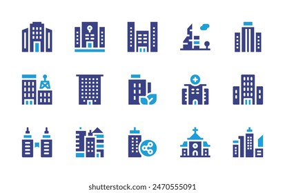 City icon set. Duotone color. Vector illustration. Containing condo, city, flat, building, researchcenter, hospital, skyscrapper, skyscraper, office, officebuilding, church.