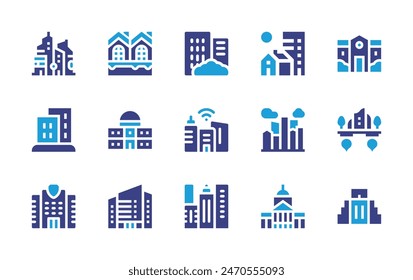 City icon set. Duotone color. Vector illustration. Containing city, floatingisland, building, smartcity, migration, cityhall, skyscraper, urbanity, chichenitza, townhall.