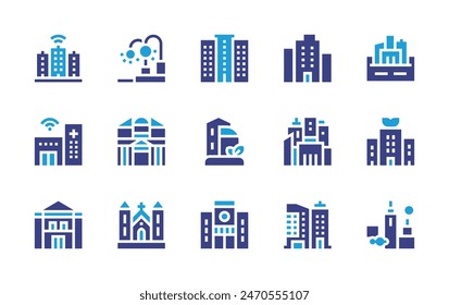 City icon set. Duotone color. Vector illustration. Containing smartcity, city, building, cityhall, greencity, architectureandcity, skyscraper, news, hospital, church, petra.