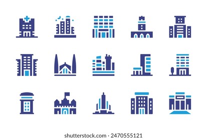 Stadt-Icon-Set. Zweitonfarbe. Vektorillustration. Enthaltend Nairobi, Burjkhalifa, Mexiko, Gebäude, Stadt, Wolkenkratzer, Nachtclub, Firma, Faisalmoschee, Marrakesch, Büro, Krankenhaus, Telefonbox.