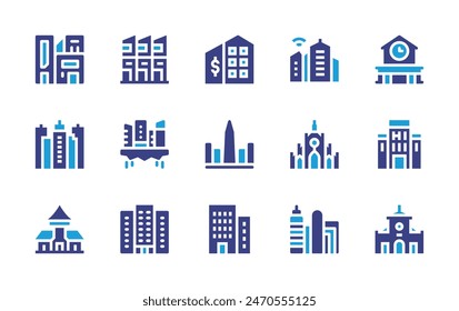 City icon set. Duotone color. Vector illustration. Containing buildings, townhouse, market, castle, city, smartcity, architectureandcity, house, obelisk, benthanhmarket, officebuilding, taxoffice.