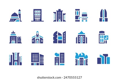 Conjunto de iconos de ciudad. Color duotono. Ilustración vectorial. Conteniendo paisaje urbano, edificio, ciudad, arquitectura y ciudad, edificio de oficinas, la profetsmosque, pisos, lotteworldtower, rascacielos.