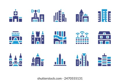 City icon set. Duotone color. Vector illustration. Containing city, house, castle, skyline, administration, smartcity, architecture, cityscape, telecommunications.