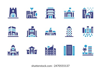 City icon set. Duotone color. Vector illustration. Containing townhall, tower, redsquare, school, gherkin, smartcity, city, sustainablecity, parliament, office, ngo, architecture, building.