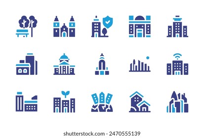 City icon set. Duotone color. Vector illustration. Containing officebuilding, house, park, city, protection, sustainable, building, chryslerbuilding, overpopulation, cityscape, cathedraloflima.