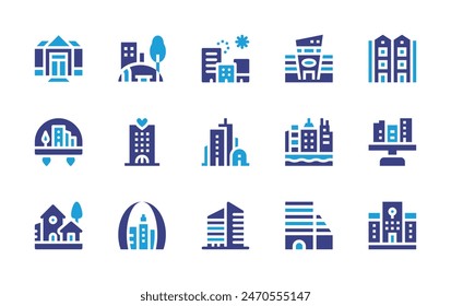 City icon set. Duotone color. Vector illustration. Containing city, building, scale, nursinghome, townhouse, hotel, office, mall, park, research, gatewayarch, village.