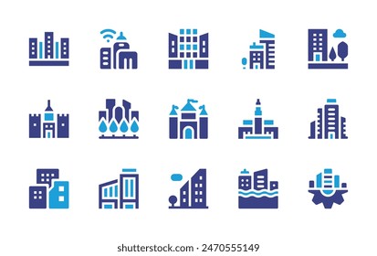 City icon set. Duotone color. Vector illustration. Containing smartcity, building, greens, flood, skyscrapper, castle, modernarchitecture, city, casablanca, company, officebuilding.