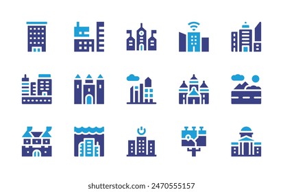 City icon set. Duotone color. Vector illustration. Containing smartcity, city, castle, road, citymap, underseacity, townhall, building, skyline, goverment.