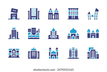 City icon set. Duotone color. Vector illustration. Containing canal, building, mosque, mansion, petronastwintower, skyscraper, keppelbay, tajmahal, office, catedraldelima, condominium.