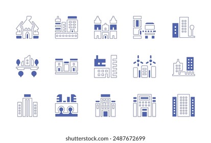 City icon set. Duotone style line stroke and bold. Vector illustration. Containing floatingisland, castle, city, architectureandcity, temple, skyscraper, catedraldelima.