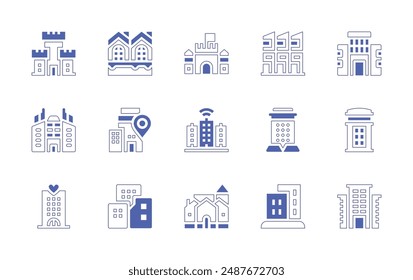 City icon set. Duotone style line stroke and bold. Vector illustration. Containing smartcity, building, townhouse, architectureandcity, city, village, skyscraper, phonebox.