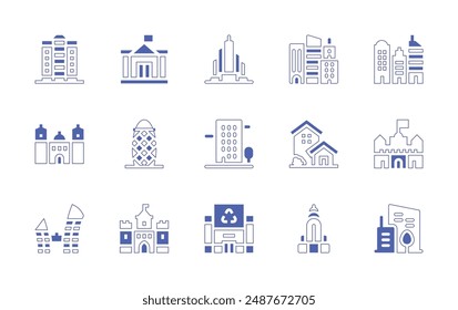 City icon set. Duotone style line stroke and bold. Vector illustration. Containing townhall, house, building, skyscraper, burjkhalifa, mexico, gherkin, city.