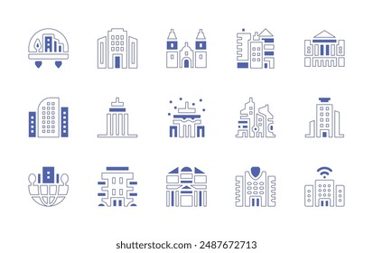 City icon set. Duotone style line stroke and bold. Vector illustration. Containing skyscraper, building, corporate, city, block, officebuilding, cathedraloflima, petra.