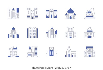 City icon set. Duotone style line stroke and bold. Vector illustration. Containing townhall, building, castle, city, townhouse, buildings, house, chichenitza, tajmahal, rocket.