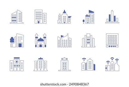 City icon set. Duotone style line stroke and bold. Vector illustration. Containing buildings, building, mosque, skyline, architecture, officebuilding, company.