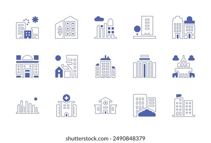 City icon set. Duotone style line stroke and bold. Vector illustration. Containing city, hospital, school, skyline, building, cityscape, taxoffice, officebuilding.