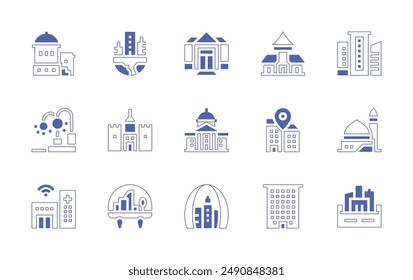 City icon set. Duotone style line stroke and bold. Vector illustration. Containing castle, office, nursinghome, city, architectureandcity, santorini, townhall.