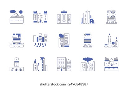 City icon set. Duotone style line stroke and bold. Vector illustration. Containing building, road, smartcity, city, torremayor, skyscraper, officebuilding, windsorcastle.