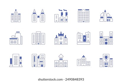 City icon set. Duotone style line stroke and bold. Vector illustration. Containing buildings, city, house, building, factory, officebuilding, cabildo, skyscraper, townhall.