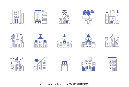 City icon set. Duotone style line stroke and bold. Vector illustration. Containing cityhall, city, citymap, network, office, church, parliament, officebuilding.