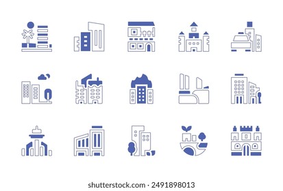 City icon set. Duotone style line stroke and bold. Vector illustration. Containing city, sustainable, fortress, house, building, taxi, company, castle, ruins.