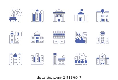 City icon set. Duotone style line stroke and bold. Vector illustration. Containing cityhall, greens, building, city, architectureandcity, officebuilding, fire.