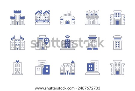 City icon set. Duotone style line stroke and bold. Vector illustration. Containing smartcity, building, townhouse, architectureandcity, city, village, skyscraper, phonebox.