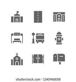 City icon set including hall, street, mansion, bus stop, fire hydrant, church, gate, mailbox