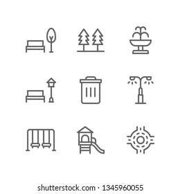 City icon set including park, forest, fountain, garden, trash bin, street, playground, roundabout