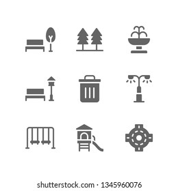 City Icon Set Including Park, Forest, Fountain, Garden, Trash Bin, Street, Playground, Roundabout