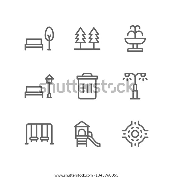 City icon set including\
park, forest, fountain, garden, trash bin, street, playground,\
roundabout