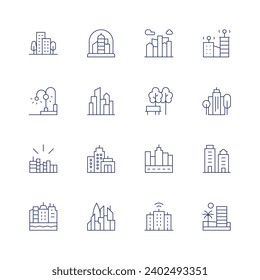 City icon set. Thin line icon. Editable stroke. Containing building, architecture, city, smart city, cityscape, green city, park, skyscraper.