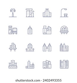 Conjunto de iconos de la ciudad. Icono de línea delgada. Trazo editable. Consta de farolas, arquitectura y ciudad, ciudad, ciudad verde, rascacielos, edificios, oficina, rascacielos.