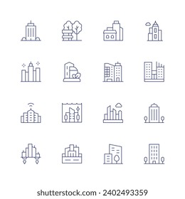 City icon set. Thin line icon. Editable stroke. Containing office building, park, city, green, smart city, underwater city, building, skyscraper, flat, cityscape.