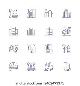 City icon set. Thin line icon. Editable stroke. Containing bench, architecture and city, city, smart city, skyscraper, apartments, financial, floating island, buildings, skyline.