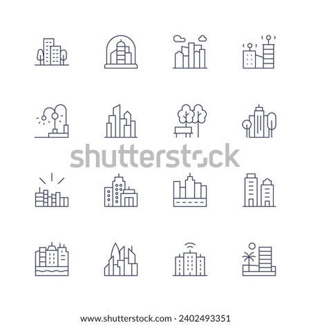 City icon set. Thin line icon. Editable stroke. Containing building, architecture, city, smart city, cityscape, green city, park, skyscraper.