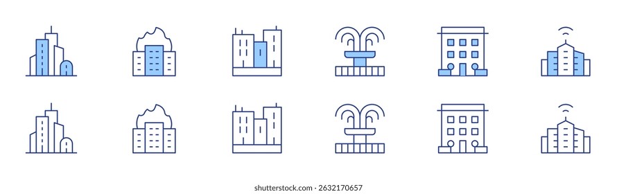 City icon set in two styles, Duotone and Thin Line style. Editable stroke. building, fountain, city, buildings, smart city.