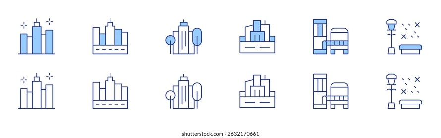 City icon set in two styles, Duotone and Thin Line style. Editable stroke. city, architecture and city, green city, bench.